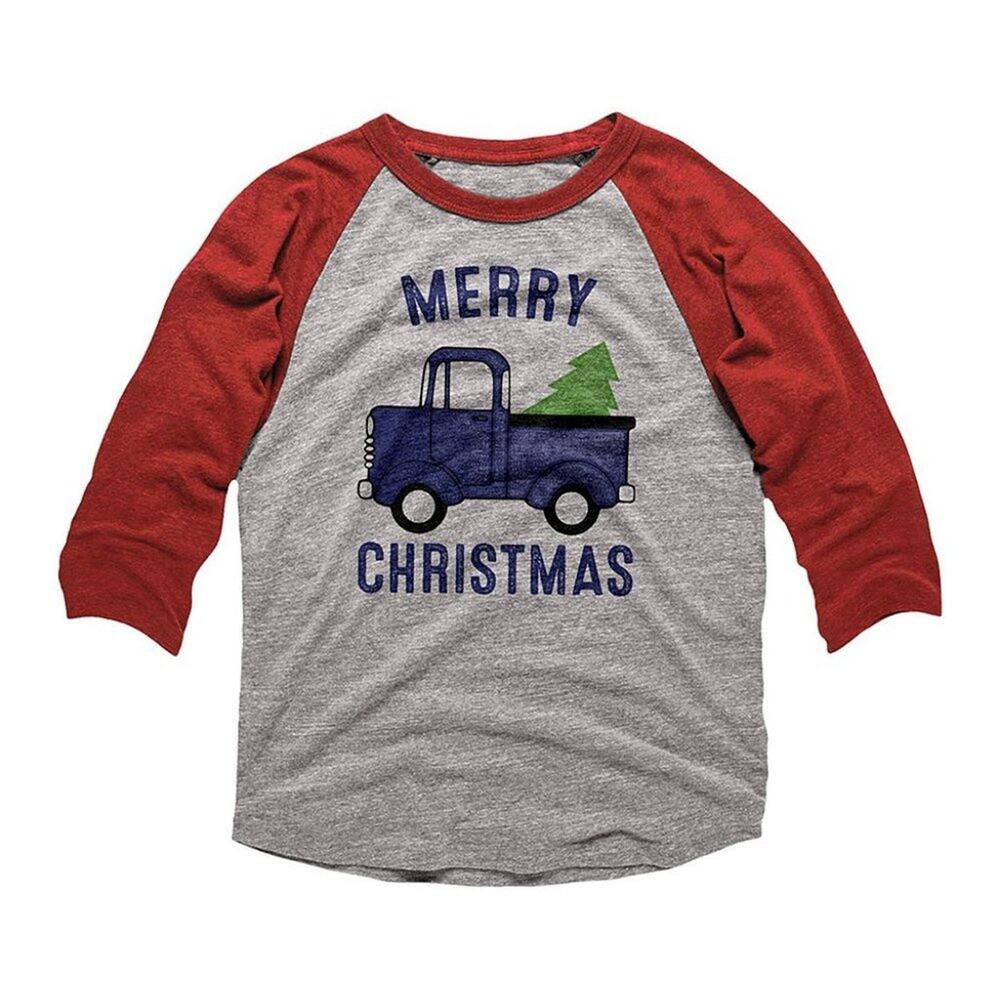 L.A.T Merry Christmas Tree Pickup Raglan Tee T-shirt top train Youth Small